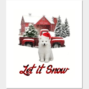 Samoyed Dog Let It Snow Tree Farm Red Truck Christmas Posters and Art